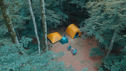 Tents Setup in Lush Forest Clearing, Outdoor Activity, Aerial View, Serene Nature Environment