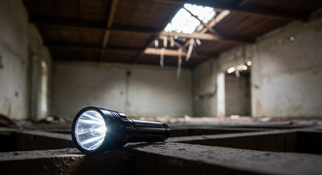 Abandoned warehouse with flashlight illuminating wooden floor, symbolizing exploration and mystery