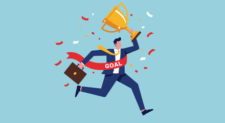 Business success, goal achievement, trophy winner, crossing finish line, career milestone, celebration moment, motivation, briefcase, confetti, victory