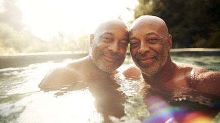 Elderly AfricanAmerican gay couple enjoy sunlight in pool.