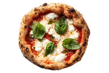 Close up of a margherita pizza with fresh basil.