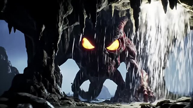 Creature emerges from a dark cave, glowing eyes piercing the gloom with sinister intensity
