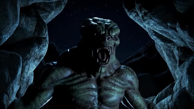 Monster emerges from cave, showing fangs, muscles and glowing eyes in dark setting