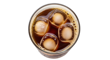 Refreshing glass of iced coffee with ice cubes, showcasing a vibrant beverage on a clean surface