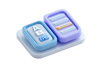 3D rendered scene featuring voting icons. Blue and purple lists with letter and task items