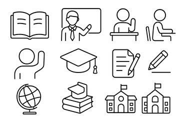 Education and learning outline icon set. Teacher, student, classroom, and school symbols. Vector linear pictograms for study, university, knowledge, book, and graduation.