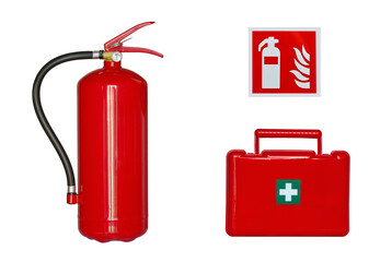 fire extinguisher, first aid kit and safety sign isolated on white background