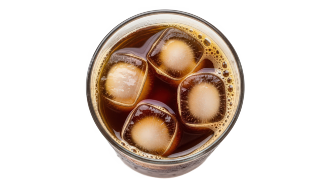 Refreshing glass of iced coffee with ice cubes, showcasing a vibrant beverage on a clean surface