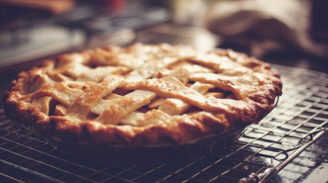 Freshly Baked Apple Pie Cooling on a Wire Rack in a Cozy Kitchen Setting - Powered by Adobe
