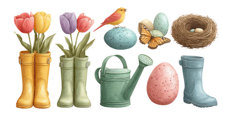 Colorful Garden Elements with Flowers, Boots, and Nest Details
