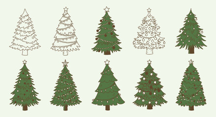 Festive Christmas trees with ornaments and lights for seasonal holiday design