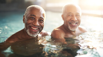 Elderly AfricanAmerican gay couple enjoy sunlight in pool.