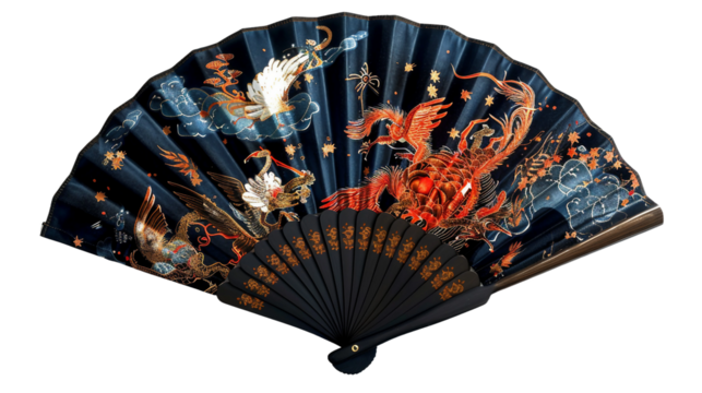 Celestial Themed Silk Fan with Star and Moon Motifs on white background