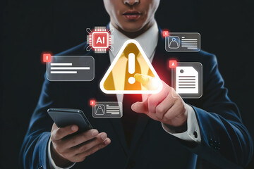 Businessman interacting with futuristic digital interface featuring ai and warning symbols for technology security and data analysis concepts