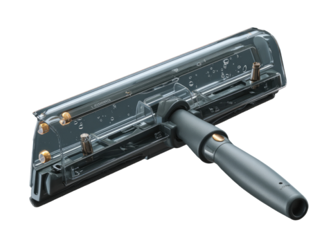 Transparent cleaning tool with a handle.  The tool's internal components are visible through a clear plastic casing, revealing a brush/squeegee mechanism.  Dark gray/slate handle and metallic accents