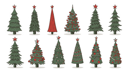 Festive Christmas trees with ornaments and star toppers ready for holiday season