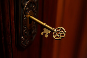 Close-up of an antique brass key in a wooden door lock