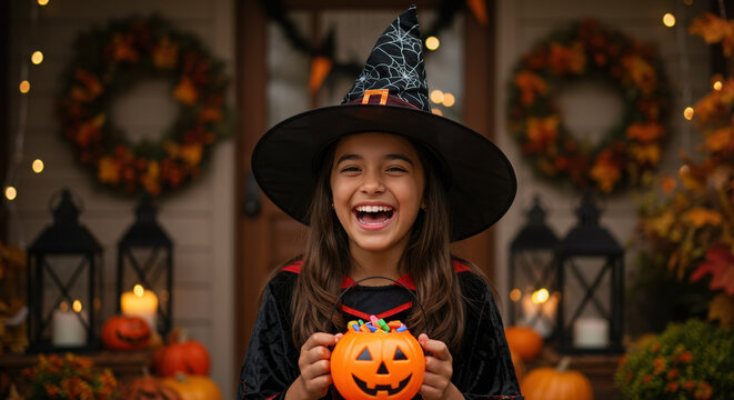 young girl in witch costume celebrating halloween with jack-o'-lantern candy bucket on decorated porch