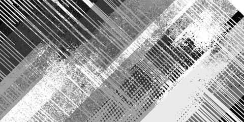 Obraz premium Abstract glitch art with diagonal lines and digital noise in grayscale tones. Modern futuristic texture design, distorted pattern background, perfect for technology, cyber, and creative projects.