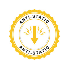 Circular anti static symbol warning label with download arrow and lightning bolts vector