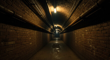 Dimly lit brick tunnel with pipes and lights, evoking mystery and intrigue for creative projects