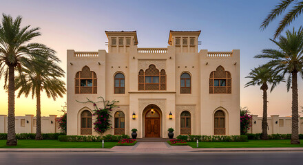 Obraz premium Charming Dubai home exterior featuring cultural details and stylish architecture