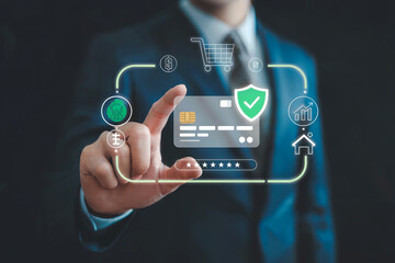 Business professional interacting with secure digital payment system featuring credit card shield and network connections