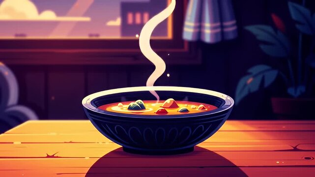 Steaming soup in a dark bowl sits on a wooden table in front of a window setting