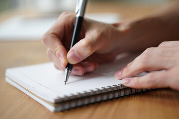 Close-up of hands writing with a pen on a notebook