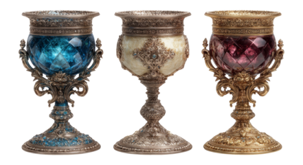 Elegant Set of Antique Goblets in Multiple Colors with Intricate Design