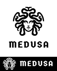 Elegant Medusa logo design featuring a mythical female face with snake hair