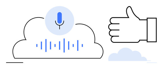 Cloud with soundwave and microphone icon representing speech-to-text. Hand gesture indicating approval or quality. Ideal for tech innovation, AI, feedback, recording, analytics, data storage, simple
