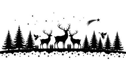 Magical Christmas night scene with reindeer, angels, trees, and a shooting star