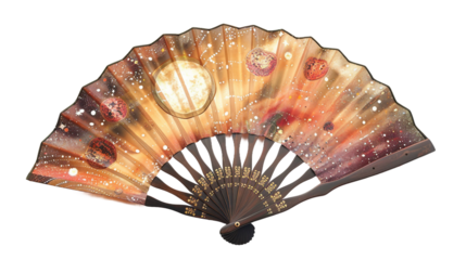 Celestial Themed Silk Fan with Moon and Star Patterns on white background