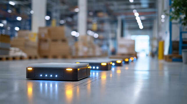 Automated Guided Vehicles Efficiently Transport Goods in Warehouses, highlighting real‑time tracking, warehouse optimization, inventory accuracy and supply chain efficiency.