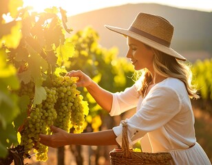 Woman picking grapes in vineyard at sunset
