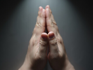 Close-up of Praying Hands Illuminated by Spotlight