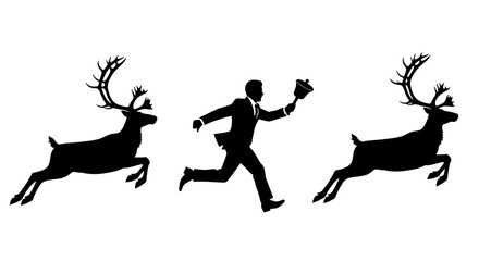 Businessman chasing reindeer with bell, symbolizing Christmas spirit and holiday rush