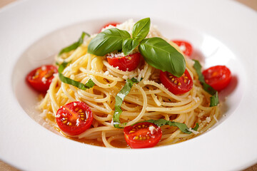 Close-up of spaghetti with cherry tomatoes and basil