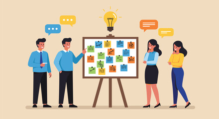 Team brainstorming, project planning, sticky note board, business collaboration, idea generation, innovation session, strategy meeting, teamwork, discussion