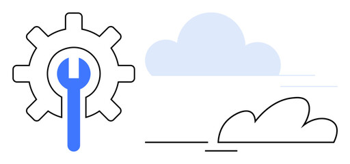 Gear with wrench symbol denotes repair and optimization, paired with minimalistic clouds. Ideal for cloud computing, system repair, digital tools, technology, infrastructure, efficiency, simple flat