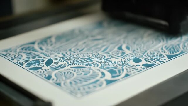Blue printmaking, press applying pressure to intricately carved linoleum block surface
