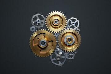 Cluster of gold and silver gears cogs machinery