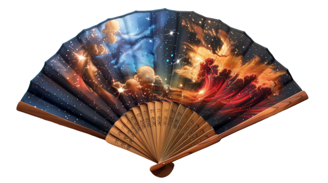 Elegant Silk Hand Fan Featuring Moon and Constellations on white background