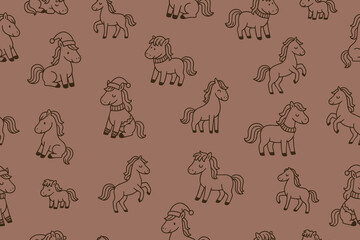 Seamless pattern of cute horses in doodle style for traditional Chinese New Year 2026 design. Hand drawn black horses on brown background. Vector 