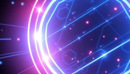 Abstract digital background with glowing blue and pink lines, circles, and geometric patterns. Represents technology, data, innovation, and futuristic concepts.