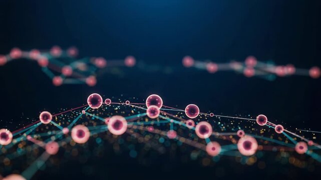 Abstract graphic of interconnected spheres on dark background  