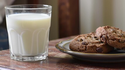 Milk glass and chocolate chip cookies on small plate, sitting on a wooden table - Powered by Adobe
