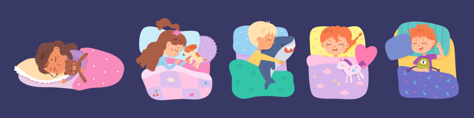 Sleeping kids with plush toys, children resting peacefully in cozy beds with stuffed animals. Vector cute bedtime illustration showing boys and girls hugging their favorite toys while sleeping.