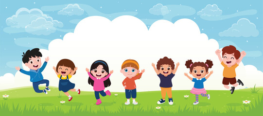 Happy Children Playing Outside, elementary or kindergarten kids, boys and girls of different race © ROFIDOHTUL